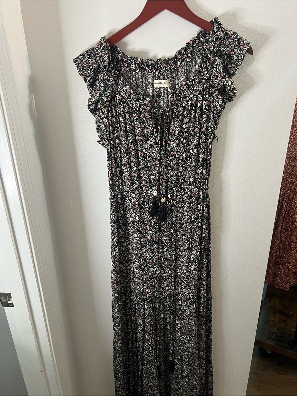 NATURAL LIFE Black Floral Maxi Dress with Tassel Tie